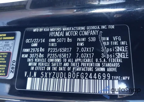 2015 Hyundai Santa Fe Sport 2.4L z USA, uszkodzony, nr VIN 5XYZUDLB0FG244699